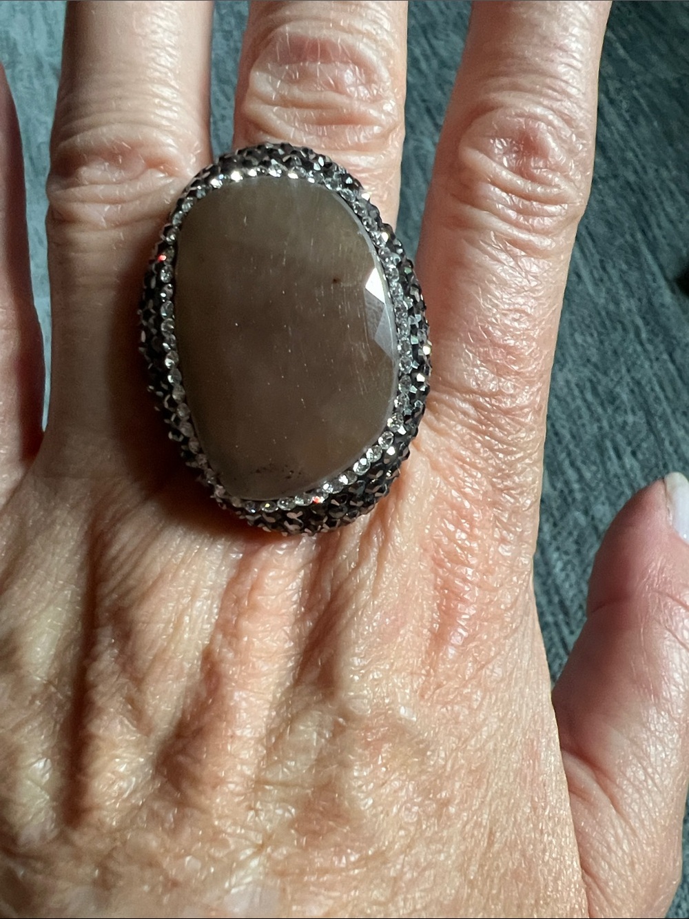 Faceted Gray Oval Cocktail Ring with Black Crystal Halo Sterling silver 925